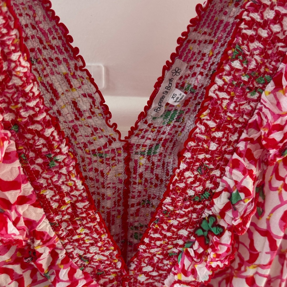 Poupette St. Barth Pink and White Floral Smocked V-Neck Mini Dress